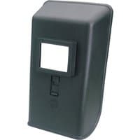 Black Draper hand-held welding mask, rectangular viewing window, ergonomic grip, without lenses.