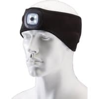 Black Draper headband with USB rechargeable 1W LED torch, centered light on front, one size fits all.