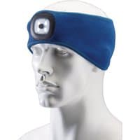 Blue Draper headband with USB rechargeable 1W LED torch, one size, mounted on a mannequin head.