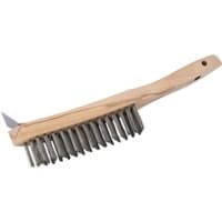 Draper heavy duty wire scratch brush with wooden handle, four rows of metal bristles, and metal scraper tip, 310mm length.