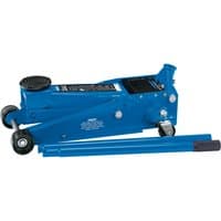 Blue Draper heavy duty trolley jack with twin pistons, 3 tonne capacity, featuring a long handle and sturdy wheels.
