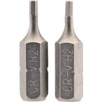 Two silver Draper hexagonal insert bits, 2mm, 1/4" hex, 25mm long, with CR-VH2 marking, pack of 2.