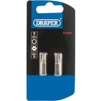 Draper hexagonal insert bits, 5mm, 1/4" hex, 25mm long, silver, in a pack of 2 on a black and blue card.