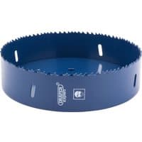 Blue Draper HSS bi-metal holesaw blade, 168mm, with sharp teeth and side slots for easy removal.