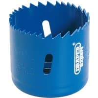 Blue Draper HSS bi-metal holesaw blade, 57mm, with jagged cutting edge and side slots for debris removal.