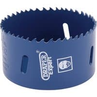 Blue Draper HSS bi-metal holesaw blade, 80mm, with jagged teeth and ventilation slots, Draper Expert logo visible.