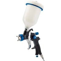 Black and blue Draper HVLP air spray gun with white gravity-fed 600ml hopper and ergonomic handle.