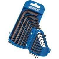 Blue Draper Imperial hexagon key set with 10 black L-shaped keys in a matching storage holder.