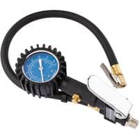 Black Draper in-line tyre inflator with blue pressure gauge, flexible hose, and brass fittings.