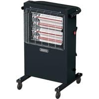 Black Draper IRH infrared cabinet heater with metal grill, three heating elements, and wheels for mobility.
