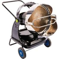 Black and silver Draper Jet Force diesel space heater with large circular grill and blue wheels.