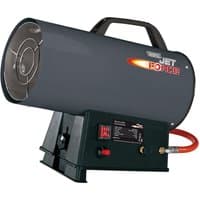 Gray Draper Jet Force propane space heater, 34,000 BTU, cylindrical body, black base, red hose, carrying handle.