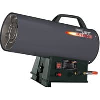 Black Draper Jet Force propane space heater, cylindrical design, 50,000 BTU, with handle and control panel.