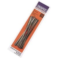 Pack of 10 Draper Junior Hacksaw Blades, 150mm, 14tpi, silver metal blades in orange and purple packaging.