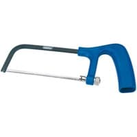 Blue-handled Draper junior hacksaw with powder-coated frame and adjustable blade tensioner.