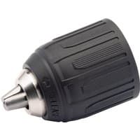 Black Draper keyless plastic chuck sleeve with ribbed grip, silver metal tip, 3/8" x 24UNF, 10mm capacity.
