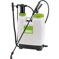 White Draper knapsack pressure sprayer, 12L, with green lid, black pump handle, and adjustable spray nozzle.