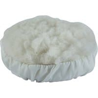 Draper Lambswool Polishing Bonnet, 140mm, fluffy white wool surface with elastic edge.