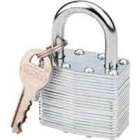 Draper laminated steel padlock, 40 x 23mm, with silver shackle and two brass keys attached.