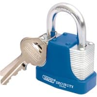 Draper 44mm laminated steel padlock with blue bumper, hardened steel shackle, and two silver keys.