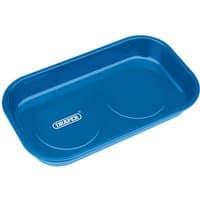 Blue rectangular magnetic parts tray with Draper logo, smooth surface, and rounded edges.