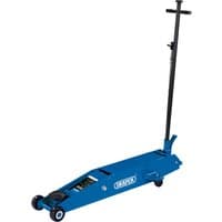 Blue Draper long chassis trolley jack, 5 tonne capacity, with black handle and four wheels.