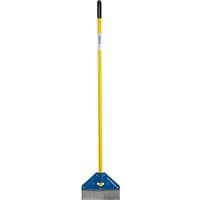 Yellow Draper long-handled floor scraper with blue metal blade holder and black grip handle, 12 inches wide.