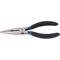 Draper long nose pliers, 160mm, with silver pointed jaws and black ergonomic handles with blue accents.