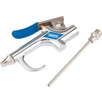 Chrome Draper Long Reach Air Blow Gun with blue trigger and extended nozzle attachment.