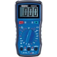 Blue Draper manual-ranging digital multimeter with LCD screen, rotary dial, and test lead ports.