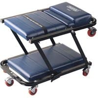 Blue Draper mechanics car creeper and seat with padded cushions, foldable frame, and red caster wheels.