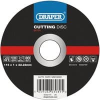 Draper metal cutting disc, black with red stripe, labeled 115 x 1 x 22.23mm, features safety icons and branding.