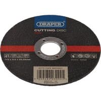 Black Draper metal cutting disc with red stripe, central hole, and printed specifications on the surface.