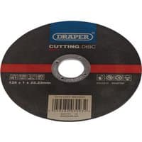 Draper metal cutting disc, black with red stripe, labeled 125 x 1 x 22.23mm, central hole, blue logo.