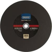Black Draper metal cutting disc, 300 x 3 x 20mm, with blue and red label at center.