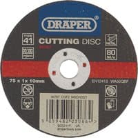 Round Draper metal cutting disc, black with red stripe, central hole, and white text detailing size and specifications.