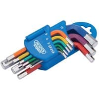 Draper 9-piece colored short arm hex key set with blue holder, each key a different color, metric sizes.