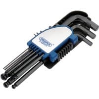 Draper 9-piece hex key set with black metric and ball end keys in a blue and white holder.