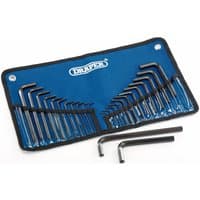 Draper 25-piece hexagon key set in blue foldable pouch, featuring both metric and imperial sizes.
