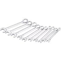 Draper 10-piece metric midget combination spanner set, silver wrenches with open and ring ends, arranged in size order.