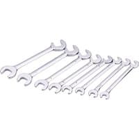 Silver Draper metric midget open end spanner set, 8 pieces, varying sizes, sleek chrome finish.