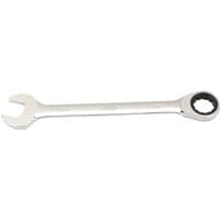 Silver Draper 34mm metric ratcheting combination spanner with open-end and circular ratchet head.