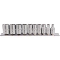 Draper 10-piece metric socket set on metal rail, silver finish, 1/4" square drive, neatly arranged in ascending size.