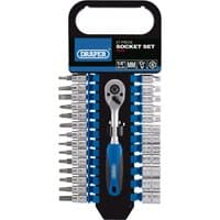 Draper 27-piece metric socket set with blue-handled ratchet and various sockets on a black plastic holder.