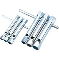 Silver Draper metric tubular box spanner set, six pieces with hexagonal ends and two T-bar handles.
