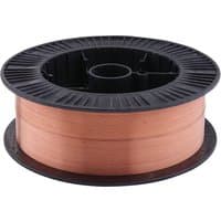 Copper-colored MIG welding wire spool, 0.6mm, 15kg, with black plastic reel.