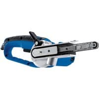 Blue and black Draper mini belt sander, 13mm, 400W, with ergonomic handle and exposed sanding belt.