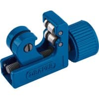 Blue Draper mini tubing cutter with adjustable knob and cutting wheel, suitable for 3-22mm tubes.