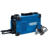 Blue Draper MMA Inverter Welder 160A with black handle, control panel, and attached cables.