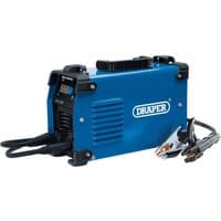Blue Draper MMA Inverter Welder, 180A, with black accents, handle, and attached cables with clamps.